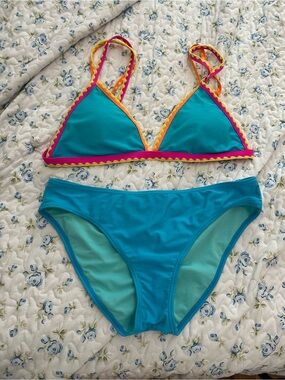 SO Teal Triangle Bikini with Pink & Orange Trim